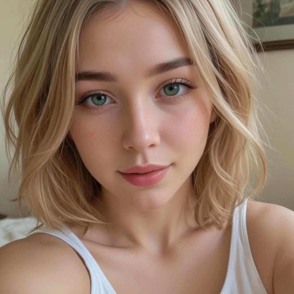 selfie, selfshot taken from above of a woman with layered bob cut , flowing light blond hair, warm and natural smile, full voluptuous lips, thick and dark eyebrows, She has bright and expressive green eyes, high and prominent cheekbones, soft and radiant skin, her hair is illuminated by gentle sunlight, creating a golden glow, the atmosphere is serene, capturing a soft and natural beauty. The image is highly detailed and photorealistic, emphasizing warmth,