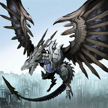highres, best quality, masterpiece, very aesthetic, newest,solo,dorugoramon,no humans,mecha dragon,wings,horns,tail,biomechanical,epic,vivid detail,araki hirokiro,dark souls,gothic,grimdark,flying,outdoors,city,futuristic,cyberpunk, <lora:DorugoramonIllustrious:1>