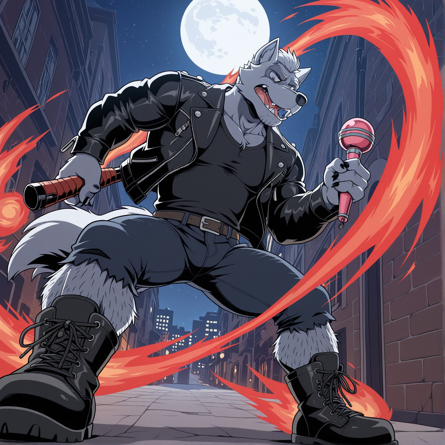 1boy,solo,e621,furry,anthro, wolf,wolf \(species\),grey skin,green eyes,black eyes, fangs, mature,mature male,older male, facial hair, stubble, (hairy), body hair,hairy legs, leg hair,combat boots,fashionable outfit,leather jacket,black shirt, black jeans,goth,clothed,late night,moonlight,exterior,city alleyway,dynamic composition,swinging magic wand, red magic wand,action style,radical motion, modern,high contrast, masterpiece,anti dev, best quality, absurdres, newest,2d, detailed background, hyperdetailed, intricate details,