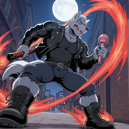 1boy,solo,e621,furry,anthro, wolf,wolf \(species\),grey skin,green eyes,black eyes, fangs, mature,mature male,older male, facial hair, stubble, (hairy), body hair,hairy legs, leg hair,combat boots,fashionable outfit,leather jacket,black shirt, black jeans,goth,clothed,late night,moonlight,exterior,city alleyway,dynamic composition,swinging magic wand, red magic wand,action style,radical motion, modern,high contrast, masterpiece,anti dev, best quality, absurdres, newest,2d, detailed background, hyperdetailed, intricate details,