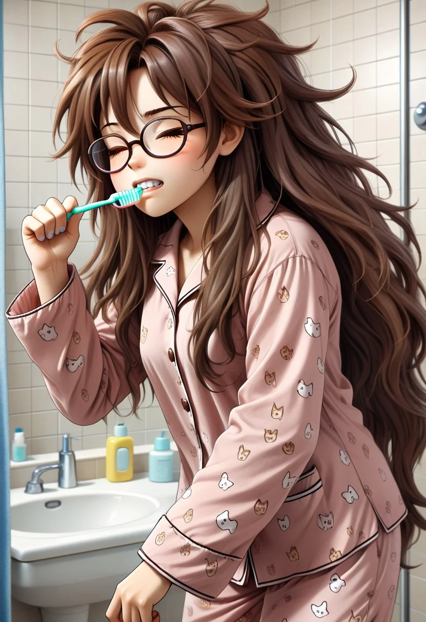 embedding:lazympos, 1girl, anime, long hair, messy hair, brown hair made of w00kiee, bathroom, pajamas, brushing teeth, one eye closed, one eye half open, brown eyes, squean, glasses, scratching ass