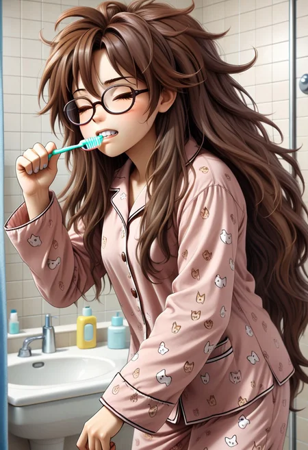embedding:lazympos, 1girl, anime, long hair, messy hair, brown hair made of w00kiee, bathroom, pajamas, brushing teeth, one eye closed, one eye half open, brown eyes, squean, glasses, scratching ass
