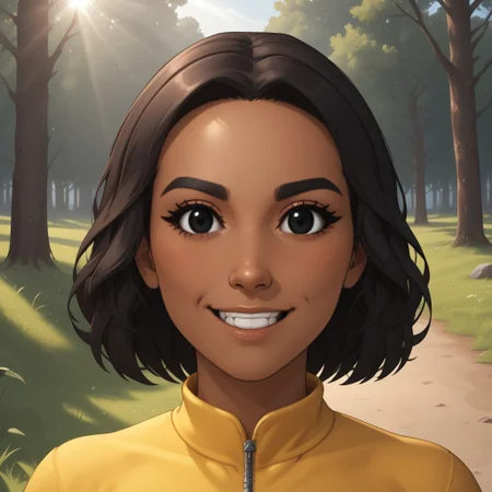 score_9, score_8, BREAK, solo, wii, mii, wii sports, 1girl, female mii, black hair, dark skin, black eyes, dot eyes, black eyebrows, small nose, blush, buck tooth, yellow clothing, white pants, shoes, cute, nintendo mii, modern_mii, classic_mii, breasts, faustine_(\wii_sports_club\), sexy pose, smile, outdoors, sunlight, shadows, evening lighting, natural lighting, forest, trees, grass, orange sky, sunset