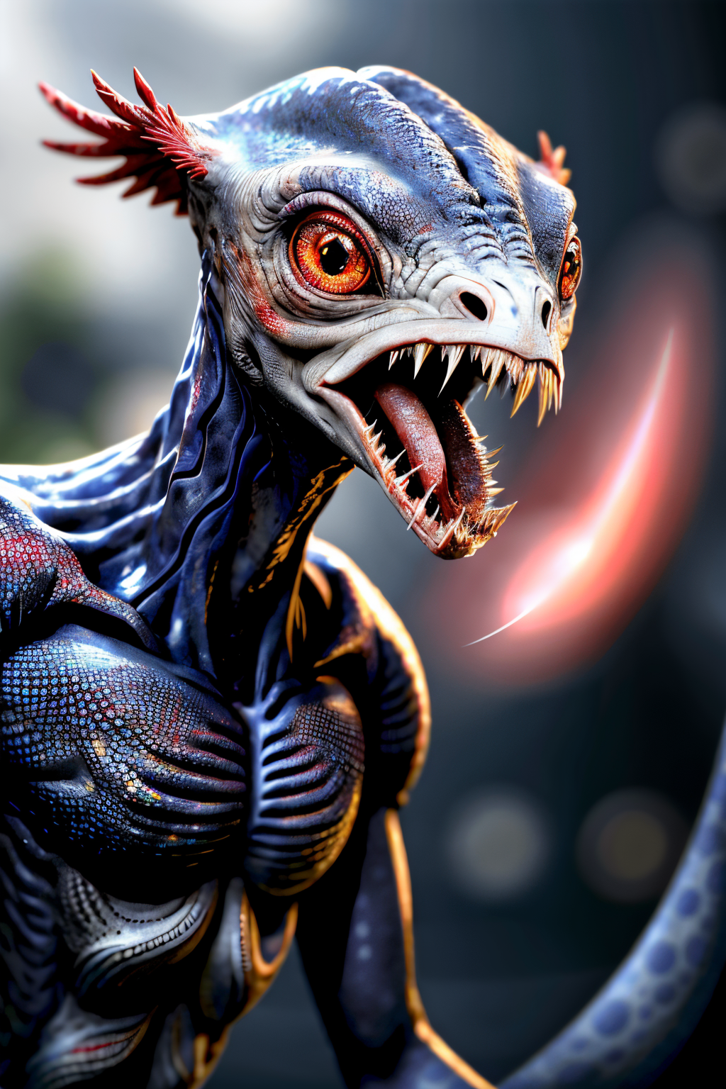(Realistic:1.5) full body shot, blurry long neck glowing eye straight-on red eyes solo colored sclera tongue out sharp teeth  <lora:EdobAlienSpecies_v1.0:0.8>