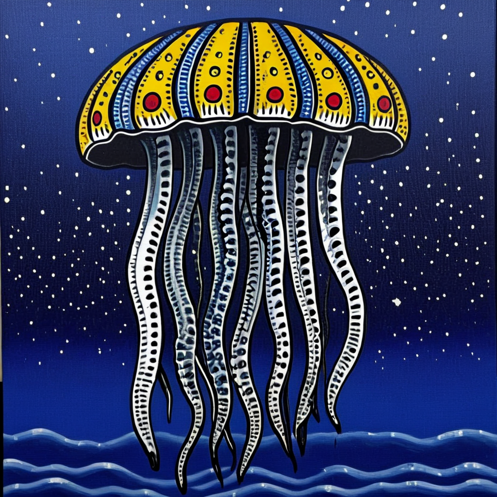 <lora:Neo-Folk_VisionarySDXL:1> ArsMJStyle, Neo-Folk Visionary, The image is a painting of a jellyfish. The jellyfish is in the center of the image with its body facing towards the left side of the frame. It has a round body with a red and yellow pattern on its head. The body is covered in small white dots which are arranged in a symmetrical pattern. The tentacles of the jellyfish are long and thin with a yellow stripe running down the middle. The background is a deep blue with small white stars scattered throughout. At the bottom of the painting there is a black and white striped pattern., no humans, sky, star (sky), starry sky, night, night sky, blue background, solo, outdoors, tentacles