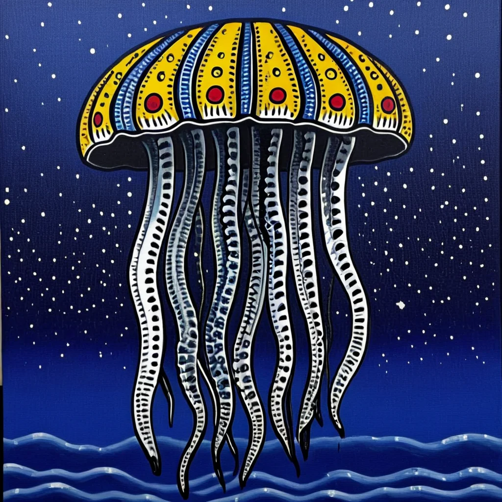 <lora:Neo-Folk_VisionarySDXL:1> ArsMJStyle, Neo-Folk Visionary, The image is a painting of a jellyfish. The jellyfish is in the center of the image with its body facing towards the left side of the frame. It has a round body with a red and yellow pattern on its head. The body is covered in small white dots which are arranged in a symmetrical pattern. The tentacles of the jellyfish are long and thin with a yellow stripe running down the middle. The background is a deep blue with small white stars scattered throughout. At the bottom of the painting there is a black and white striped pattern., no humans, sky, star (sky), starry sky, night, night sky, blue background, solo, outdoors, tentacles