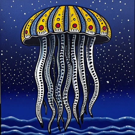 <lora:Neo-Folk_VisionarySDXL:1> ArsMJStyle, Neo-Folk Visionary, The image is a painting of a jellyfish. The jellyfish is in the center of the image with its body facing towards the left side of the frame. It has a round body with a red and yellow pattern on its head. The body is covered in small white dots which are arranged in a symmetrical pattern. The tentacles of the jellyfish are long and thin with a yellow stripe running down the middle. The background is a deep blue with small white stars scattered throughout. At the bottom of the painting there is a black and white striped pattern., no humans, sky, star (sky), starry sky, night, night sky, blue background, solo, outdoors, tentacles