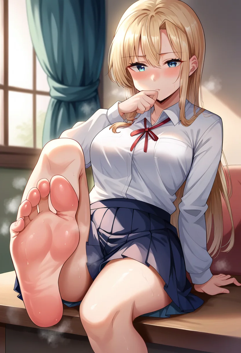 score_9, score_8_up, score_7_up, source_anime, masterpiece, 1girl, ctianobor0zuki, medium breasts, neck ribbon, collared shirt, skirt, pleated skirt, long sleeves, indoors, depth of field, looking at viewer, sitting, thighs, feet, soles, smell, shiny skin, sweat, sitting, hand on chin, knee up,<lora:Kanae_Oborozuki_pony_ct:0.9>
