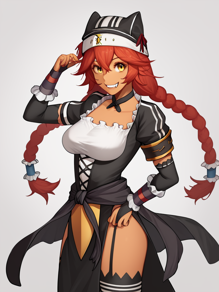 score_9,score_8_up,score_7_up,olo,<lora:overlord:1>,hair_tubes,cross,maid,puffy_short_sleeves,black_choker,twin_braids,black_dress,bridal_gauntlets,collarbone,side_slit,black_thighhighs,simple_background,solo,lupusregina_beta,medium_breasts,fangs,hat,commentary_request,highres,1girl,looking_at_viewer,grin,white_background,garter_straps,