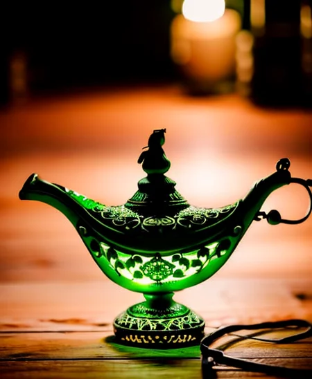an ornate white and green magic lamp <lora:genielamp6:1> RAW photo, 8k uhd, dslr, soft lighting, high quality, film grain, Fujifilm XT3