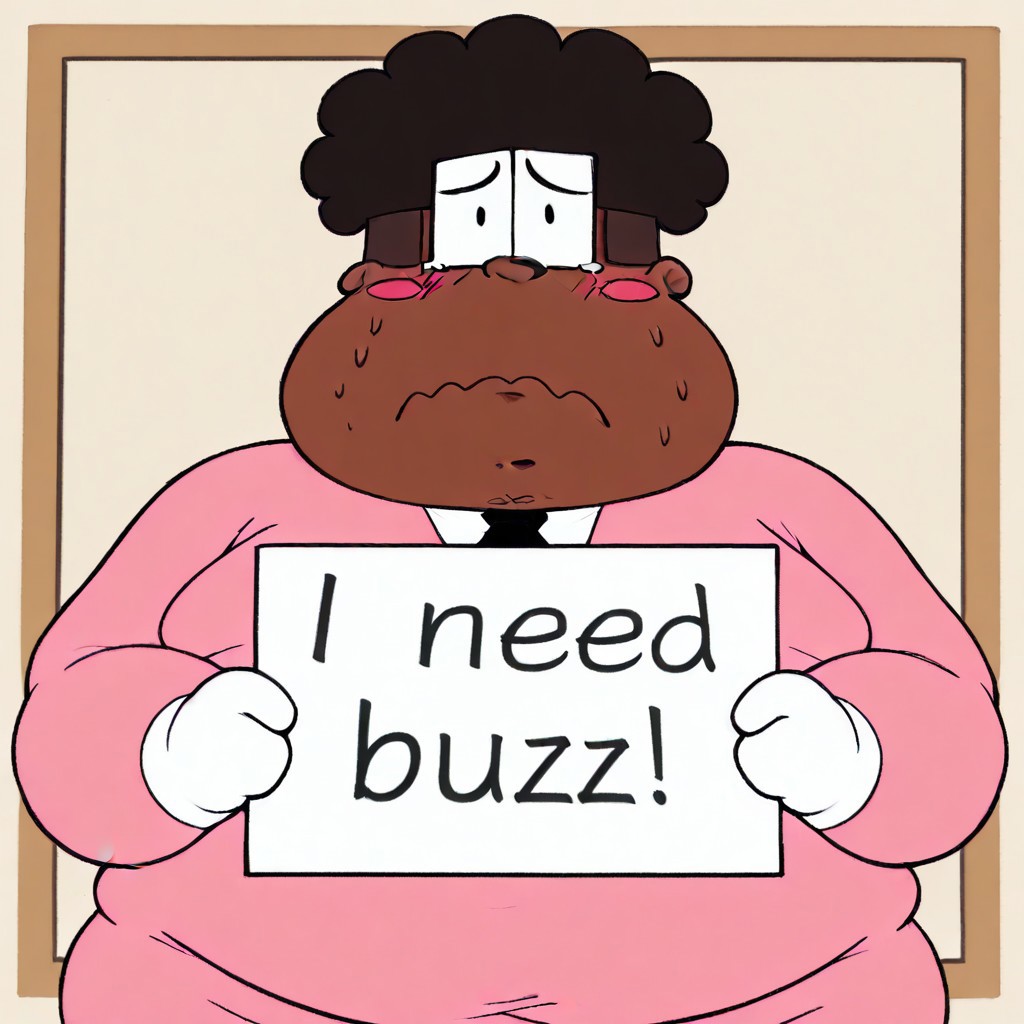 high quality, masterpiece, gay, BREAK male, mr. branch, shading, 1boy, cartoony, square glasses, dot eyes, brown skin, curly hair, afro, fat, overweight, short male, fat, big moobs,, thick arms, plump, looking at viewer, nervous, sad, crying, tears, closeup
BREAK pink suit, black necktie, need_buzz, holding sign, icon, pfp, cute, blush stickers. white cartoony gloves, bust shot, upper body,  pink bacground