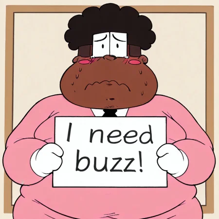 high quality, masterpiece, gay, BREAK male, mr. branch, shading, 1boy, cartoony, square glasses, dot eyes, brown skin, curly hair, afro, fat, overweight, short male, fat, big moobs,, thick arms, plump, looking at viewer, nervous, sad, crying, tears, closeup
BREAK pink suit, black necktie, need_buzz, holding sign, icon, pfp, cute, blush stickers. white cartoony gloves, bust shot, upper body, pink bacground