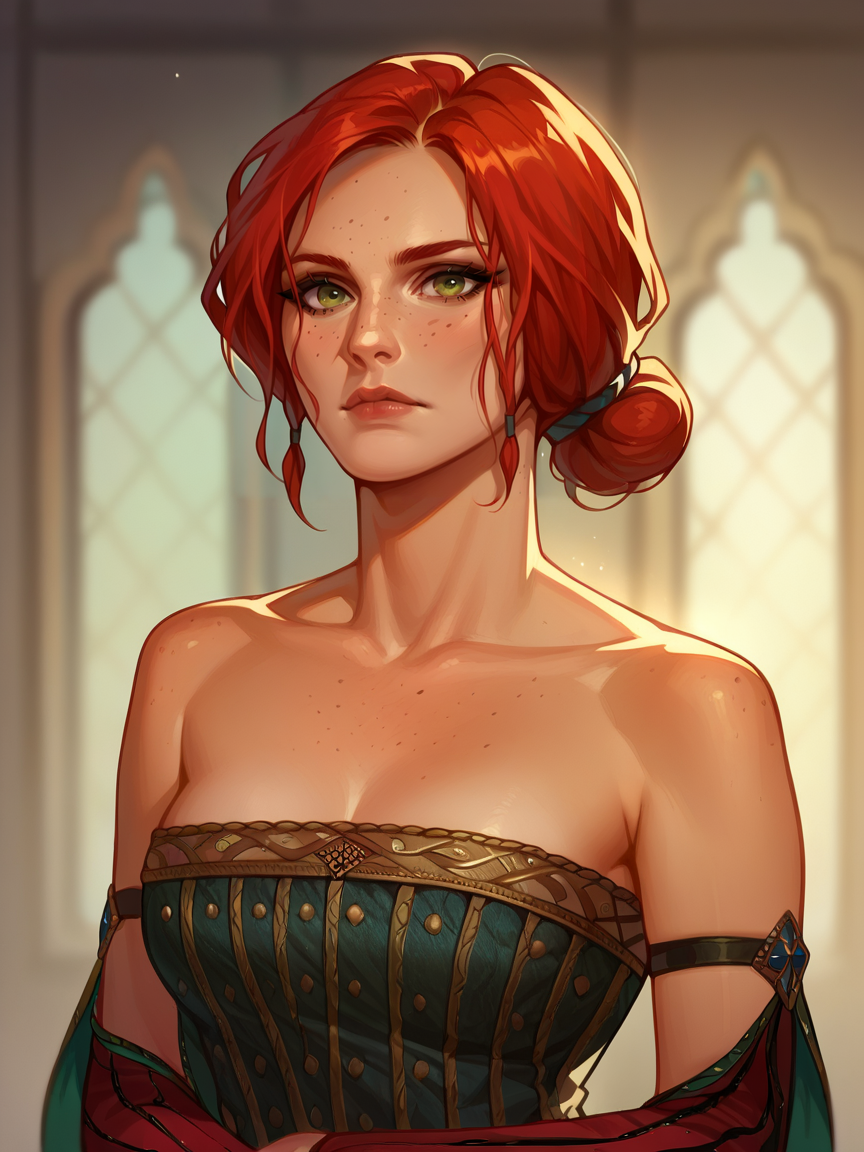 score_9, score_8_up, score_7_up, score_6_up, score_5_up,   <lora:trissmerigoldXLP:1> triss merigold, 1girl, solo, red hair, freckles, green eyes, hair bun, bare shoulders, black dress,