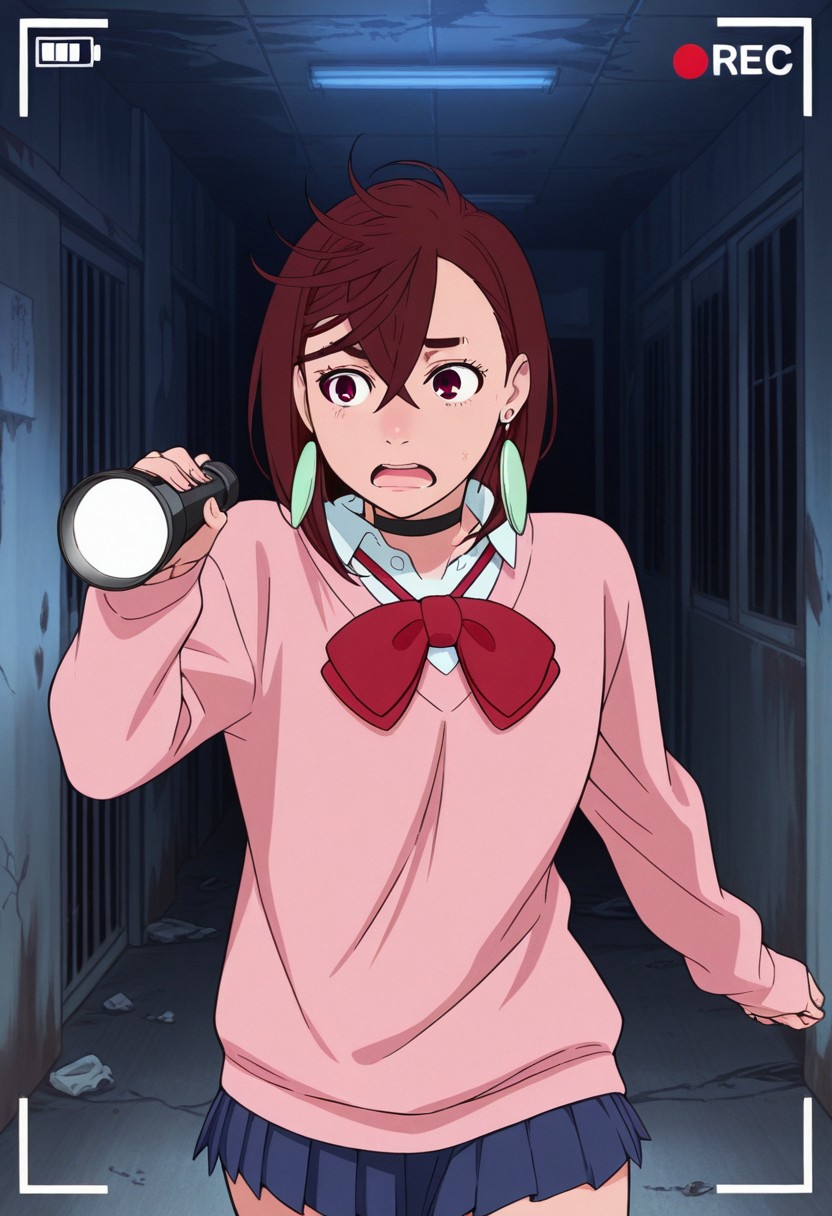 Score 9, Score 8, Score 7, Masterpiece, Superior Quality, Amazing Quality, Masterpiece, Maximum Quality, Ultra-detailed, Alone, White Frame, Maximum Contrast, Saturated Color, Bright Colors, Dynamic Lighting, alone, 20 years old, female body,
ayase_momo,
ayasemomo, hair between eyes, crossed bangs, green earrings,  brown hair, red eyes, black choker, short hair, white shirt, red bowtie,pleated skirt,school uniform, pink cardigan, long sleeves,
recording video, in an abandoned hospital, at night, scared, running, flashlight in hand,