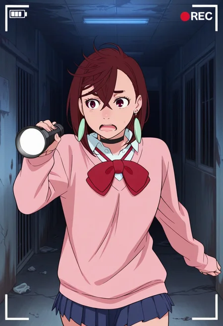 Score 9, Score 8, Score 7, Masterpiece, Superior Quality, Amazing Quality, Masterpiece, Maximum Quality, Ultra-detailed, Alone, White Frame, Maximum Contrast, Saturated Color, Bright Colors, Dynamic Lighting, alone, 20 years old, female body,
ayase_momo,
ayasemomo, hair between eyes, crossed bangs, green earrings, brown hair, red eyes, black choker, short hair, white shirt, red bowtie,pleated skirt,school uniform, pink cardigan, long sleeves,
recording video, in an abandoned hospital, at night, scared, running, flashlight in hand,