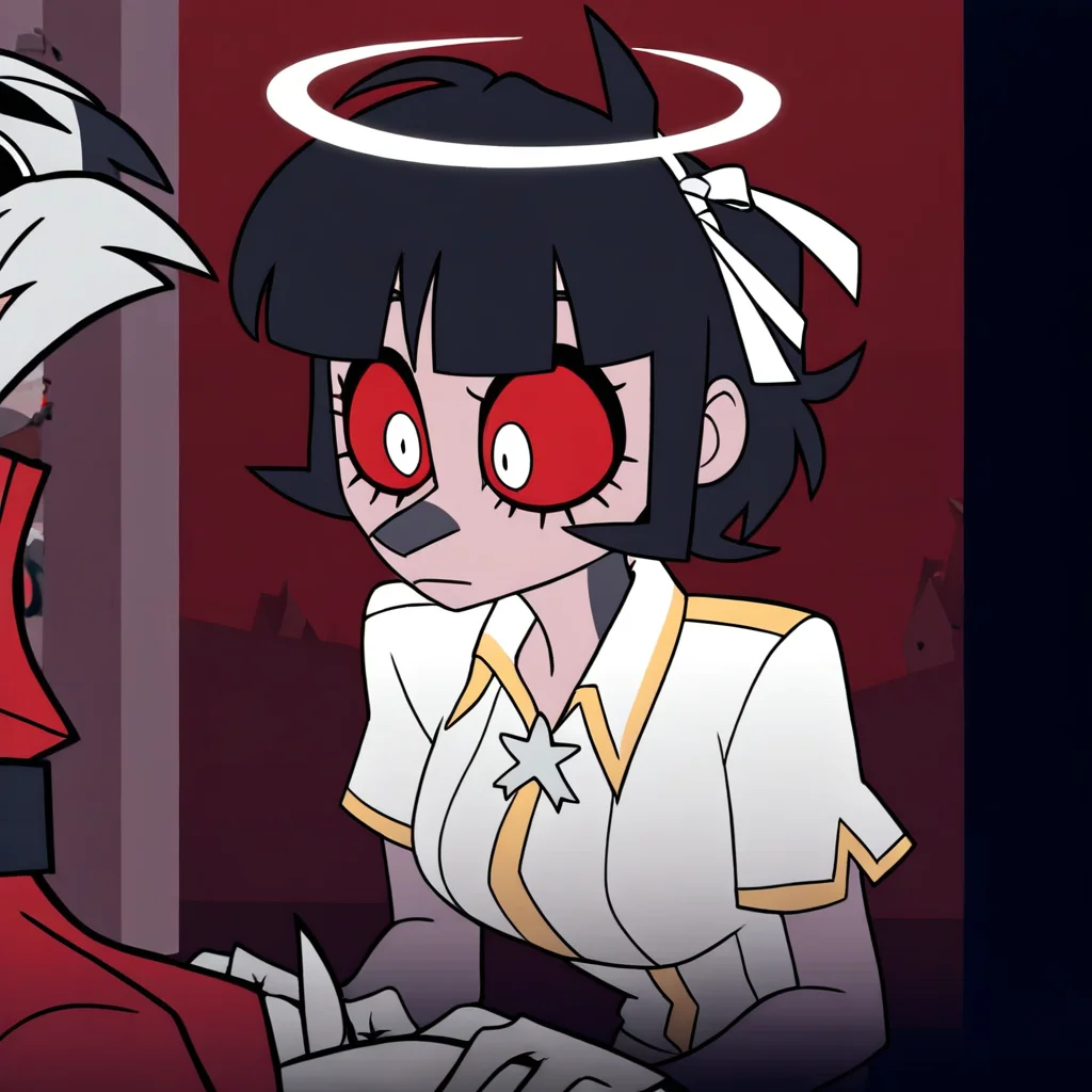 masterpiece, best quality, newest, absurdres, highres, HB-Style-V1.0, official style, HH-HBV1.0, 1girl, azazel (helltaker), short hair, black hair, halo, white shirt, furry, furry female,