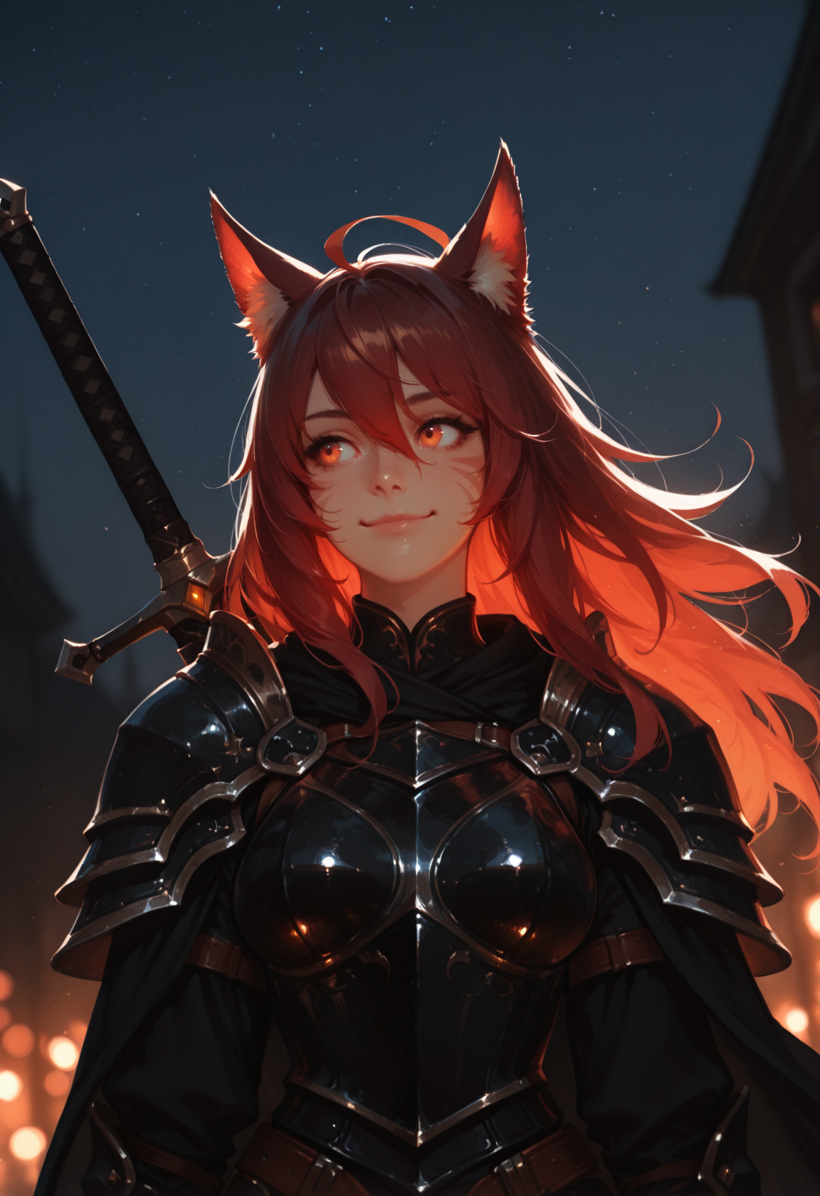 1girl, solo, armor, animal ears, long hair, weapon, weapon on back, facial mark, red hair, sword, shoulder armor, cape, red eyes, upper body, sky, ahoge, outdoors, animal ear fluff, closed mouth, breastplate, orange eyes, blurry, pauldrons, breasts, looking to the side, smile, virtual youtuber, cat ears, lips, medium breasts, hair between eyes, night, brown hair, depth of field, black armor, black cape, miqo'te, blurry background, masterwork, masterpiece, best quality, dynamic lighting , dynamic pose,,  dynamic angle, , , (realistic:1.2), (lineless:1.2), detailed, <lora:Detailer_NoobAI_Incrs_v1:1>, , aged up, adult, depth of field, dynamic lighting, blurry, cheekbones,