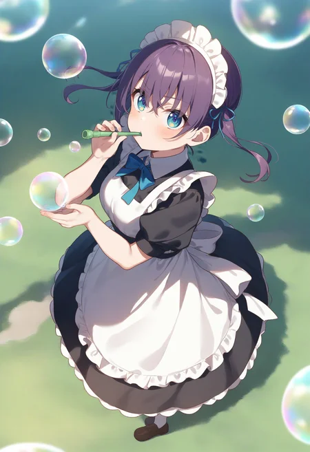 1girl,sincos, ningen mame, toosaka asagi,solo,medium breasts,20yo,maid,maid headdress,
blowing bubbles, bubble, bubble blowing, bubble pipe, outdoors, day, sky,<lora:blowingbubbles_XL_v1:0.7>
from above, full body, looking up, purple hair, aqua eyes,serious, pasture, tri tails hair,
best quality, very aesthetic, absurdres