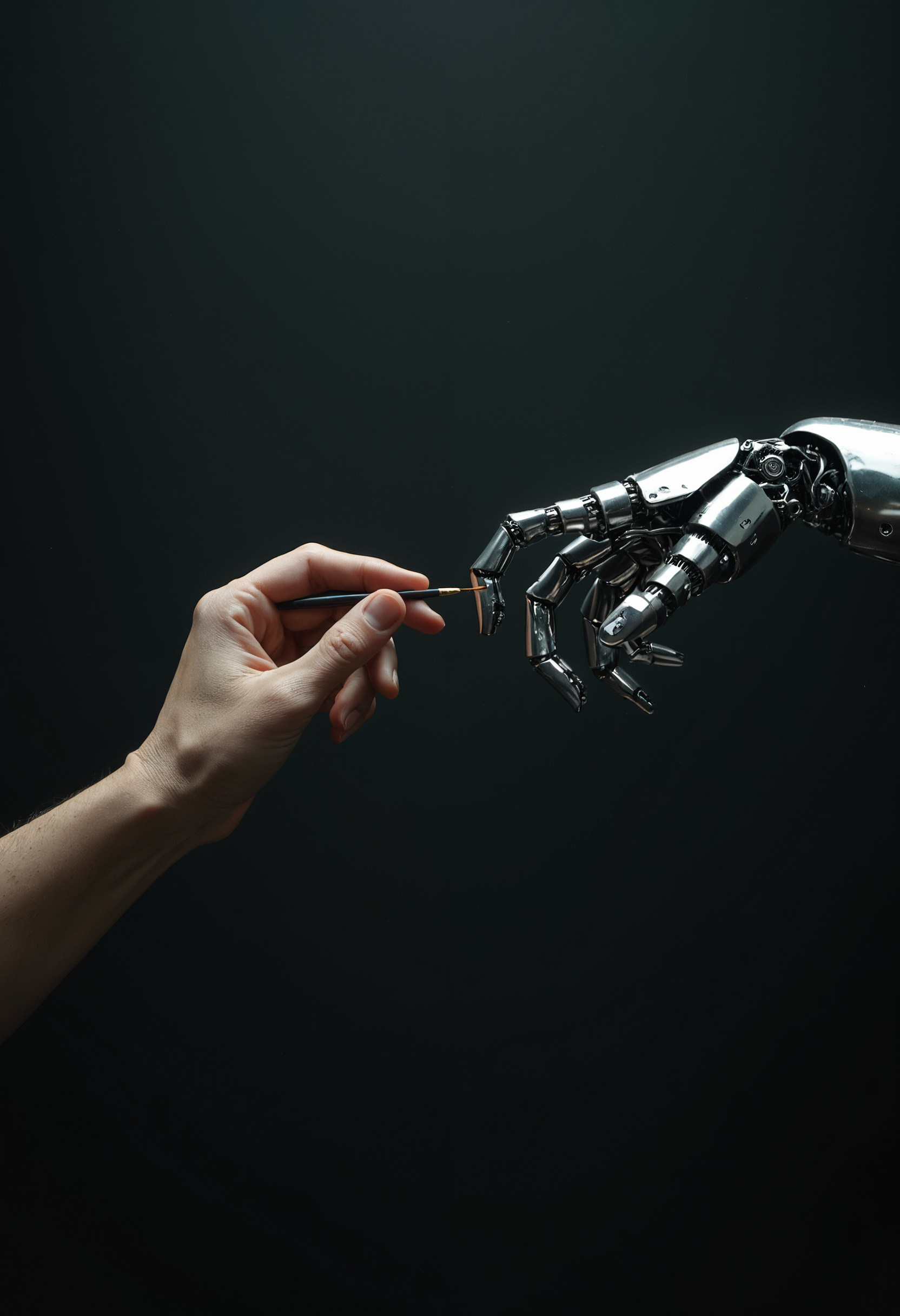 A hyper-realistic, cinematic scene featuring two hands in a moment of connection. On the left, a human hand extends gracefully, holding a fine paintbrush with precision. The brush is perfectly positioned between the fingers, securely and naturally gripped, with no awkwardness in its placement. Every detail of the hand is meticulously crafted—textured skin, visible veins, and subtle muscle definition. On the right, a robotic hand reaches out, its metallic joints and polished surfaces gleaming. A small gap separates the two hands, creating a sense of anticipation as they near connection. The hands are perfectly designed, with precise attention to detail, avoiding any flaws. Soft, dramatic lighting from above highlights the hands, making them the focal point of the minimalist, dim background