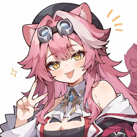 score_9, score_8_up, score_7_up, source_anime, 1girl, white background,
BREAK ,
animal ears, tail, yellow eyes, streaked hair, multicolored hair, large breasts, goggles, hat, raora_main, open jacket, off shoulder, upper body, close up, chibi, :p, tongue, peace sign, v,