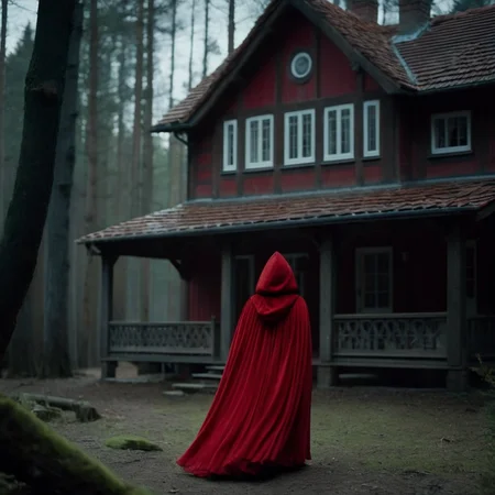 cinematic film still of <lora:Little Red Riding Hood style:1.2>
In the Woods Little Red Riding Hood a woman in a red cloak stands in front of a house Full Shot Little Red Riding Hood Style, shallow depth of field, vignette, highly detailed, high budget, bokeh, cinemascope, moody, epic, gorgeous, film grain, grainy