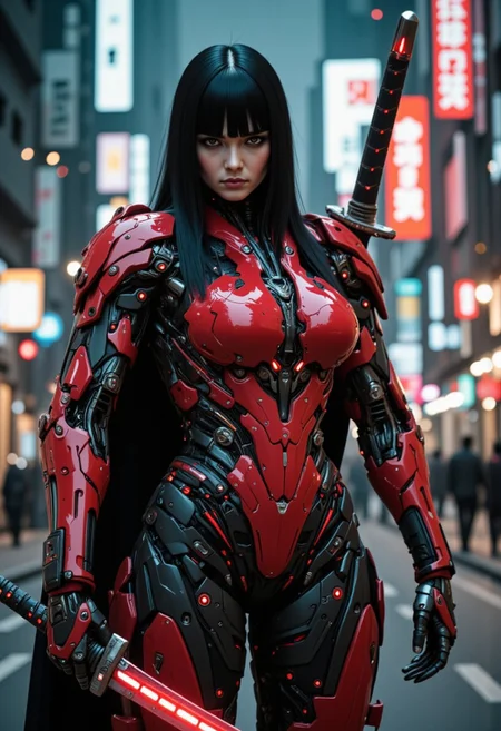 Realistic Photography, Very Low angle Ground Level camera view below looking up From a distance, Futuristic, Distant Colors Full body Powerful Female,  Detailed Gorgeous Female Thin Face with Very High Cheek Bones of Eastern European Decent, Straight Black Hair with Bangs,  Highly Detailed Eyes with Red Irises and Black Pupils, Samurai Style Armor outfit, Colors cyborg Powerful Female, Samurai Style Armor, Flat Dark Red with Black Trim Colored Armor, Samurai Armor Style Exosuit,  Large Busty Breasts, mech, Action Dynamic Action Combat Pose, futuristic, Black Cape, (off-center composition, left aligned, Portrait),  an old Powerful cyborg, battle worn, Bulky Samurai Style Power Armor, Large Glowing Samurai Sword with Red Diamonds in the handle, Night time, gothic Neon Cyberpunk Cityscape, cinematic film still glamorous photo dark art by Rafael Zabaleta, expressionism art by Asger Jorn, vibrant, Abstract expressionism, experimental painting techniques, bold bright colors, dynamic compositions, Expressionism, Neon Night City Cyberpunk Cityscapes, emotive brushwork, brilliant tones, dramatic lighting, introspective themes. high fashion, luxurious, extravagant, stylish, sensual, opulent, elegance, stunning beauty, professional, high contrast, detailed. shallow depth of field, vignette, highly detailed, high budget, bokeh, cinemascope, moody, epic, gorgeous, film grain, grainy