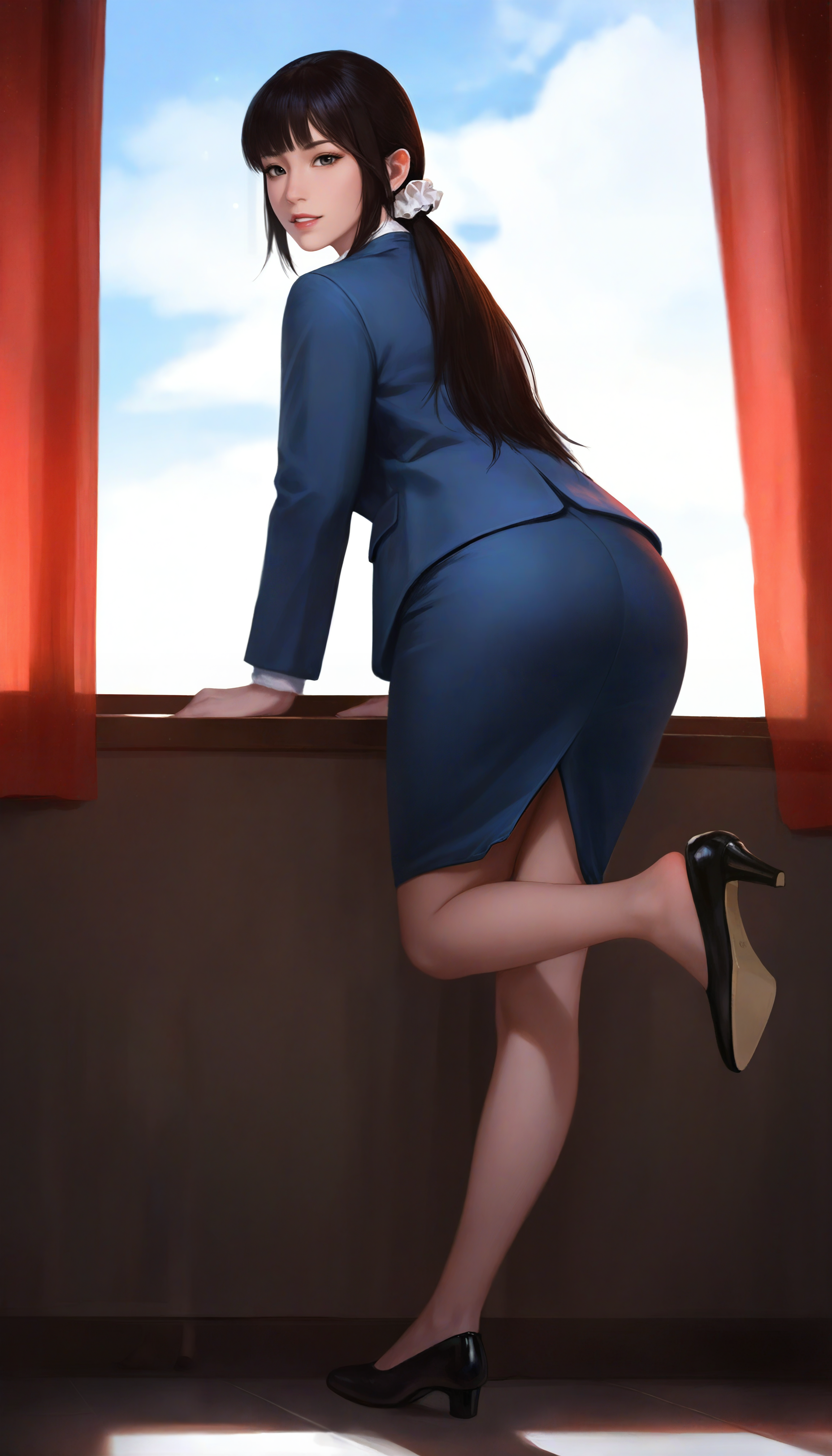 masterpiece,best quality,amazing quality,
<lora:wangyuanjiNAI:1>,wangyuanji,
realistic,
1girl,solo,black hair,blunt bangs,low ponytail,white scrunchie,grey eyes,
blue suit,
blue pencil skirt,
black round toe shoes,
standing on one leg,leaning forward,looking at viewer,heel removed,
blue sky,cloud,window,indoors,office setting,sheer curtains,
soft lighting,depth of field,light particles,fog,