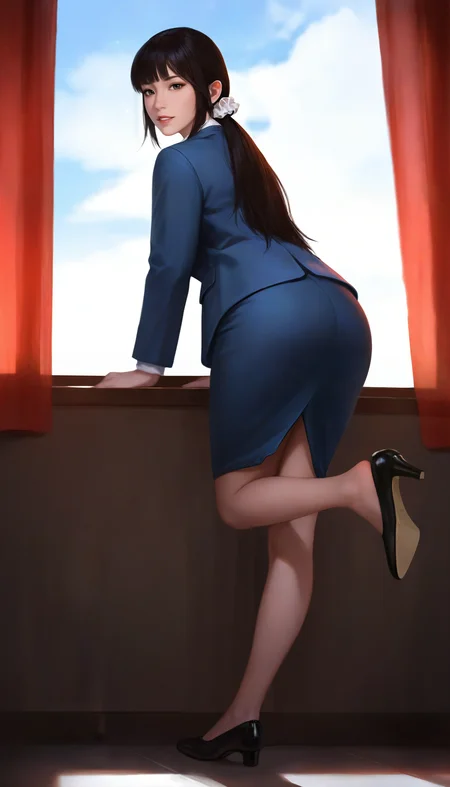 masterpiece,best quality,amazing quality,
<lora:wangyuanjiNAI:1>,wangyuanji,
realistic,
1girl,solo,black hair,blunt bangs,low ponytail,white scrunchie,grey eyes,
blue suit,
blue pencil skirt,
black round toe shoes,
standing on one leg,leaning forward,looking at viewer,heel removed,
blue sky,cloud,window,indoors,office setting,sheer curtains,
soft lighting,depth of field,light particles,fog,
