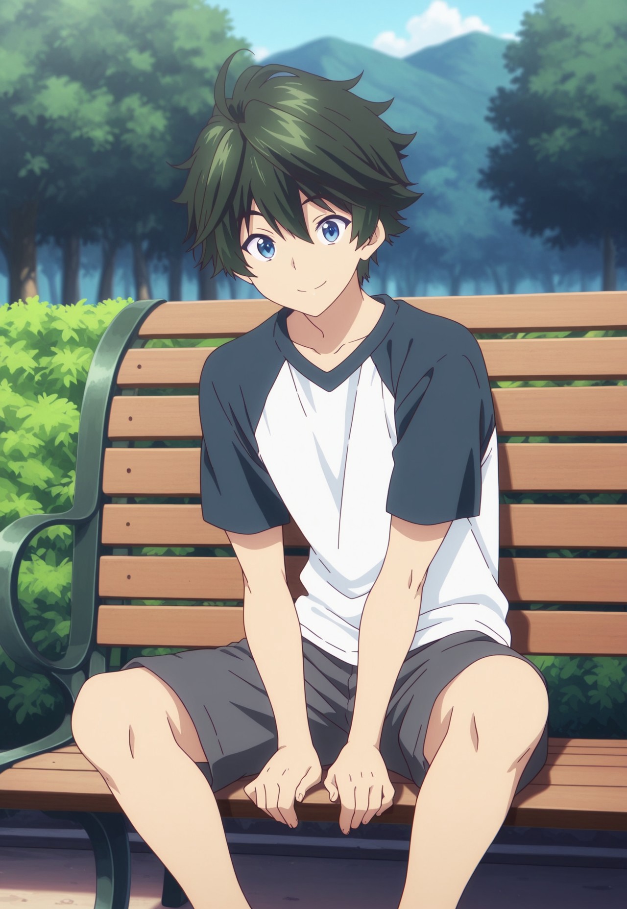 masterpiece,best quality,amazing quality, source_anime, 

HaruhikoIchijo, 1boy, male focus, solo, blue eyes, green hair, t-shirt, raglan sleeves, shorts, outdoor,
 smile, sitting,
