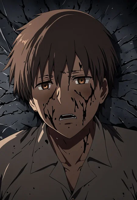 high resolution, solo, best quality, 1Boy, Takaki Toono, Brownish Hair, Brown Eyes, fell down, revenged, dying, OverallDetail