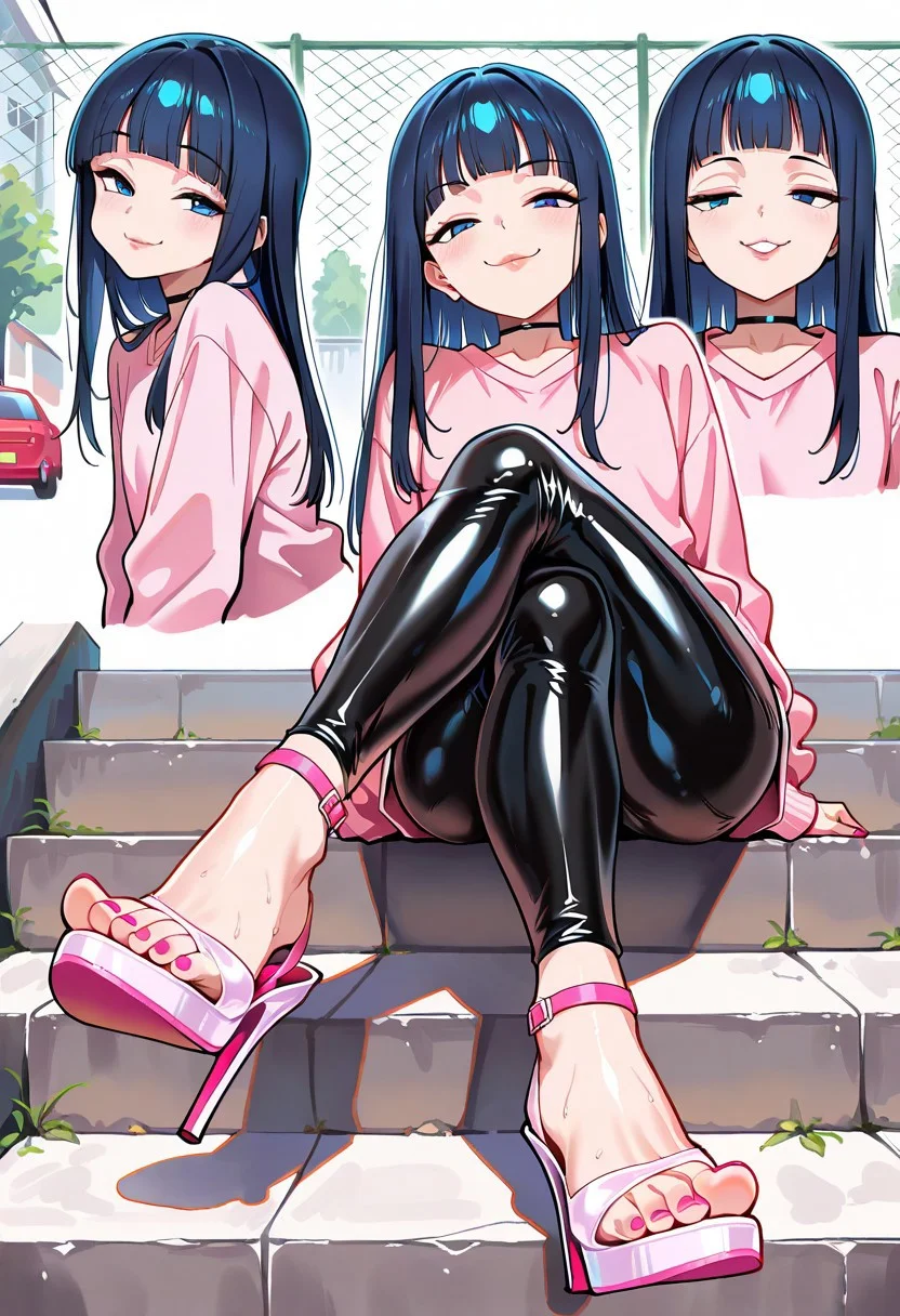 masterpiece, bob_style!, dark blue hair, straight hair, long hair, blunt bangs, himecut, thick lips, blue eyes, smug smile, ,
multiple views, from side,
sitting on stairs, seductive pose, choker,
close-up of feet, foot focus, perfect feet, feet, toes,
heels, white footwear, high heels, socks, sweaty, dierty whote socks, black latex leggings, pink toenail polish, pink shoe straps,
facing viewer, teasing, flirting,
flat chest, pink sweater, , , long sleeves, anklets,
toned legs,
1girl,
outdoors, japan, city streets, daytime, chainlink fence, houses, cars,
