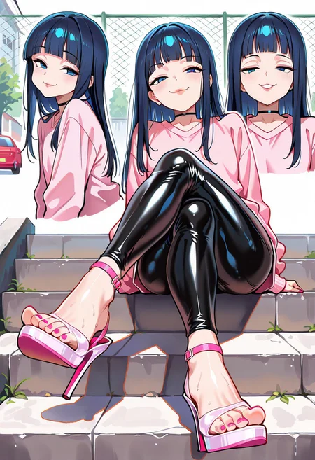 masterpiece, bob_style!, dark blue hair, straight hair, long hair, blunt bangs, himecut, thick lips, blue eyes, smug smile,  ,
multiple views, from side, 
sitting on stairs, seductive pose, choker,
close-up of feet, foot focus, perfect feet, feet, toes,
heels, white footwear, high heels, socks, sweaty, dierty whote socks, black latex leggings,  pink toenail polish, pink shoe straps,
facing viewer, teasing, flirting, 
flat chest, pink sweater,  ,  , long sleeves, anklets, 
toned legs,
1girl, 
outdoors, japan, city streets, daytime, chainlink fence, houses, cars,