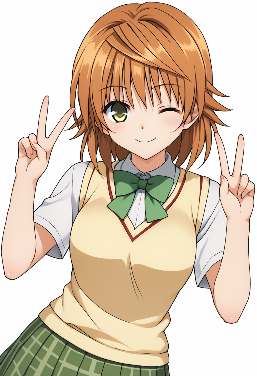 <lora:yuusaki_riko>,1girl,solo.yuusaki riko,yellow eyes,sweater vest,white shirt,short sleeves,bowtie,pleated skirt,plaid skirt,
v,smile,wink,cowboy shot,white background,
BREAK score_9,score_8_up,score_7_up,game cg,2020's,
BREAK source_anime,best quality,masterpiece,uncensored,(clear eyes:1.2),(4 finger:0.5),zPDXLpg,