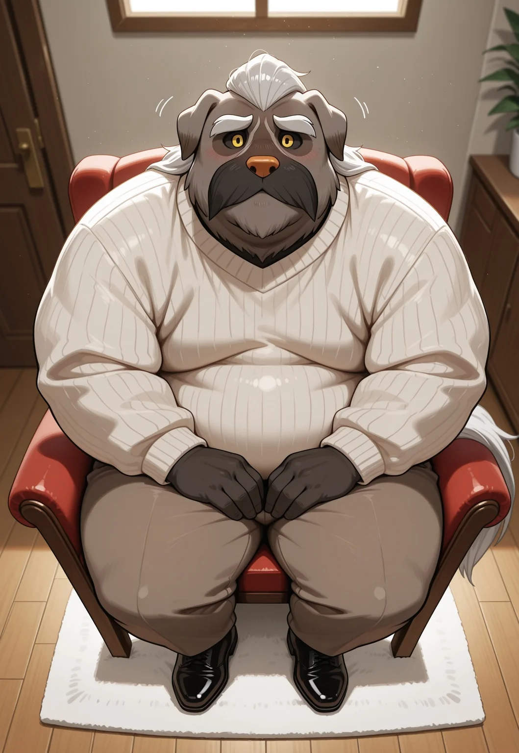 <lora:Mabosstiff:1>, 1boy, textless, dynamic lighting, ((Mabosstiff_Char, five fingers, moustache, yellow eyes, black sclera, orange nose, grey tail, fat, overweight, wide hips, thick arms, thick legs, clothing, white collar, old tan sweater, brown jeans, black shoes)), inside, living room, close up shot, overhead angle, BREAK ((sitting up, sitting on chair, hands on lap, dynamic pose, looking at viewer, smile))