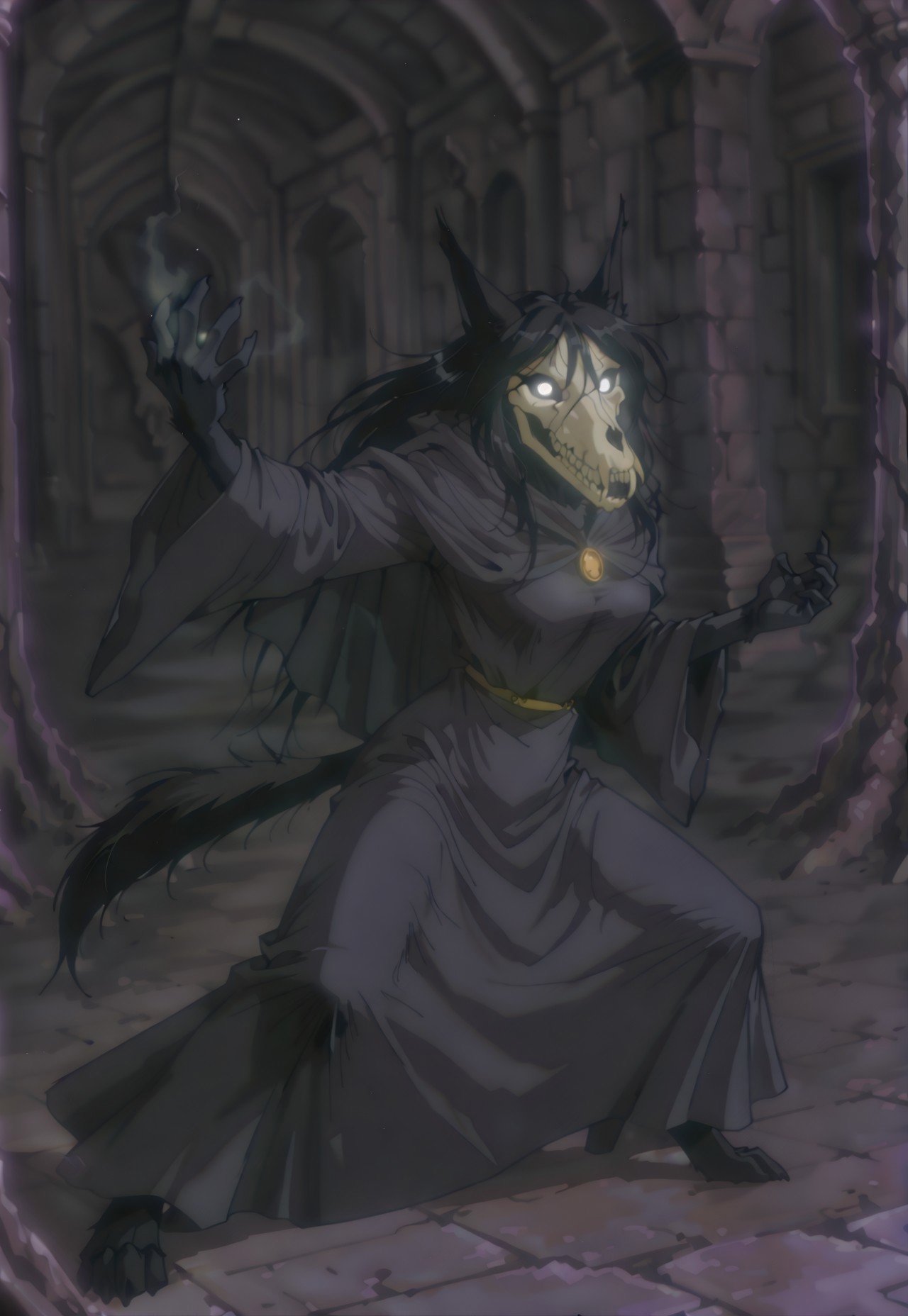 rolstyle, MaloSCP, anthro furry, furry female, body fur, black fur, head skull, white eyes, glowing eyes, black sclera, black hair, long hair, hair between eyes, animal ears, black tail, scp-1471, scp-1471-a, mal01471, black fur, canine skull, 1girl, solo, wizard, magic, robe, cloak, hood, fighting stance, dynamic pose, masterpiece, detailed, high quality, retro anime, kftenhance,