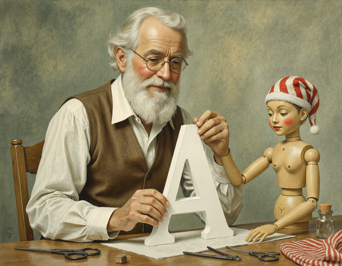UHD, 8K, ultra detailed, a cinematic photograph of Rembrandt style This is a whimsical, hand-drawn illustration in a watercolor style. The image depicts a scene where an elderly man with white hair and a white beard, dressed in a brown vest over a white shirt, sits at a table. He wears glasses and has a kind expression. Next to him is a small wooden puppet with a round head, red cheeks, and a red and white striped hat. The puppet has a pointed nose and a small, round mouth., 
The elderly man is holding a large, white letter "A" made of paper, which the puppet is examining closely. The puppet's left hand is raised, with a small, pointed finger touching the letter. The man's right hand is supporting the letter, and he appears to be explaining the letter to the puppet., 
The table is cluttered with various craft supplies, including scissors, a small glass jar with a cork stopper, and a red and white striped piece of fabric. The background is a soft, greenish-gray, creating a cozy, indoor atmosphere. The overall tone of the illustration is warm and inviting, with a focus on the interaction between the elderly man and the puppet., <lora:Mezzotint_Artstyle_for_Flux_-_by_Ethanar:0.5>, <lora:VLADIMIRSKY:0.5> . Baroque, chiaroscuro, realistic, emotional, "flat lighting, beautiful lighting, great composition
