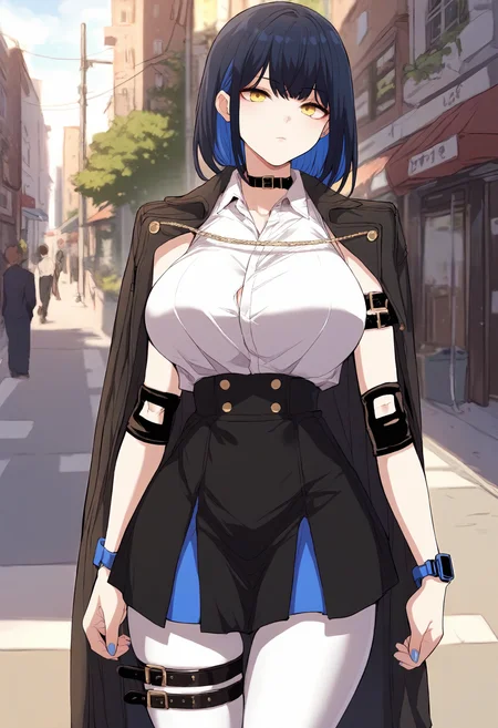 score_9, score_8_up, score_7_up, score_6_up, source_anime, rating_explicit, 1girl, huge breasts <lora:Bang Yerim prefectPonyxl:0.9> blue hair, black hair, yellow eyes, medium hair, colored inner hair, blue nails, jacket on shoulders, black jacket, black choker, collar, white shirt, sleeveless shirt, collared shirt, wristwatch, belt, elbow pads, high-waist skirt, black skirt, white pantyhose, thigh strap, expressionless, street, outdoors, looking at viewer