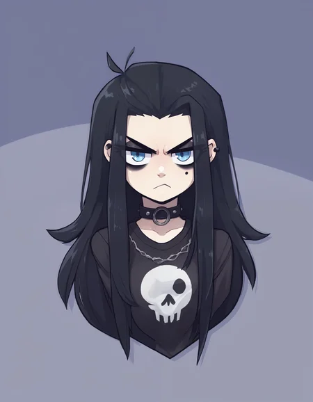 score_9, score_8_up, score_7_up, score_6_up, score_5_up, score_4_up, BREAK 1girl, frown, grimace, goth, black hair, long hair, blue eyes, <lora:Limebreaker:1>