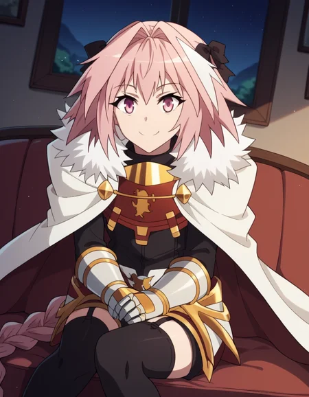 score_9, score_8_up, score_7_up, source_anime, <lora:astolfo-apocrypha-s1-ponyxl-lora-nochekaiser:1>, astolfo, long hair, pink eyes, hair ribbon, pink hair, braid, ahoge, white hair, male focus, multicolored hair, streaked hair, single braid, otoko no ko, long braid,, thighhighs, black thighhighs, cape, armor, fur trim, garter straps, gauntlets, cloak, white cape,, living room, television, couch, popcorn, watching movie, night time, sitting,, smile, smile, looking at viewer, solo,, dutch angle, cowboy shot