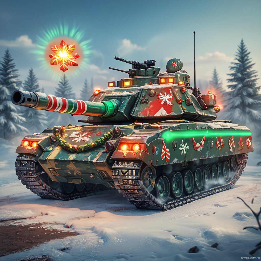 ,score_9,score_8_up,score_7_up,
no humans,battle tank,winter,glow,outside,
, <lora:Xmas_style_2k24_pony:0.8>,
