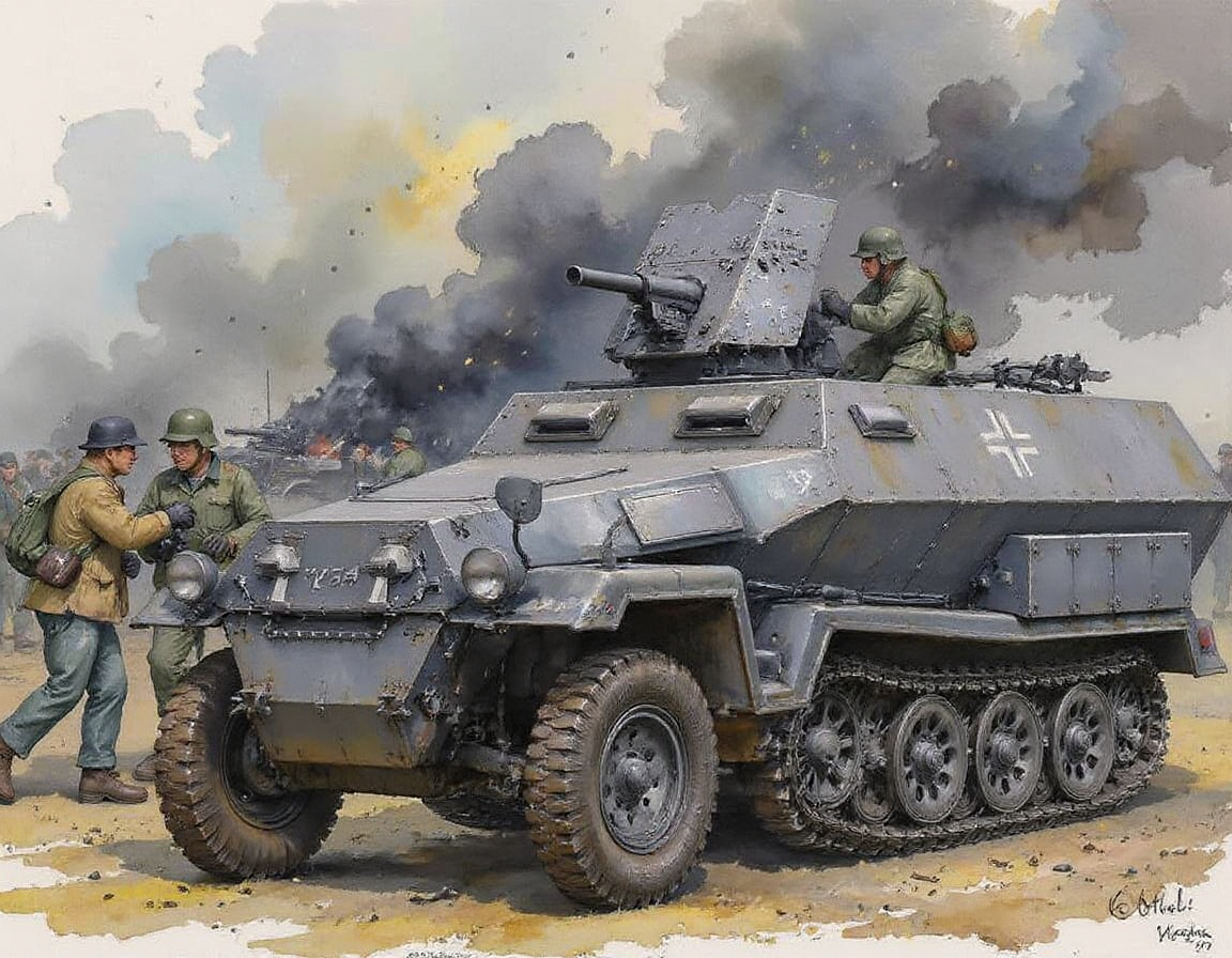 A watercolor of a German self-propelled gun resupplying with ammunition. An atmospheric scene of relief during a fierce battle, conversation, debris, smoke in the distance. <lora:FluxWatercolor:0.8> Jedwtclr, watercolor,  <lora:sd-kfz-251-10:1>sd-kfz-251-10:ã
A German WWII combat vehicle equipped with a 37mm anti-tank gun on an open-top half-track.Three-quarter view.German identification mark of a cross. no humans.