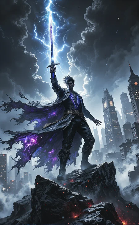 A hyper-realistic fantasy image capturing a dramatic and electrifying moment. A man in sleek, futuristic attire stands triumphantly on a rugged mountaintop, his elegant long coat adorned with glowing neon accents in vivid blues and purples, whipping wildly in the fierce storm. His cyberpunk-inspired short hair, spiked and sharp, is caught in the chaotic winds as he raises a massive sword high above his head, its polished blade cutting through the darkened sky. At the climax of the scene, a jagged bolt of lightning strikes the blade, illuminating the man in a brilliant, otherworldly glow. His heavy, reinforced boots dig firmly into the rocky ground, anchoring him against the tempestuous gale. In the distance, the cyberpunk city skyline sprawls with towering skyscrapers, their neon lights shimmering through the torrential rain and mist. The low-angle perspective emphasizes the heroâs power and defiance, creating an epic, larger-than-life composition that blends raw elemental energy with a futuristic aesthetic. <lora:Dever_Flux_Enhancer.safetensors:0.5>, <lora:Elden_Ring_-_Yoshitaka_Amano.safetensors:1.0>, <lora:black_fantasy.safetensors:0.5>, <lora:boFLUX digital-abyss.safetensors:0.3>,
