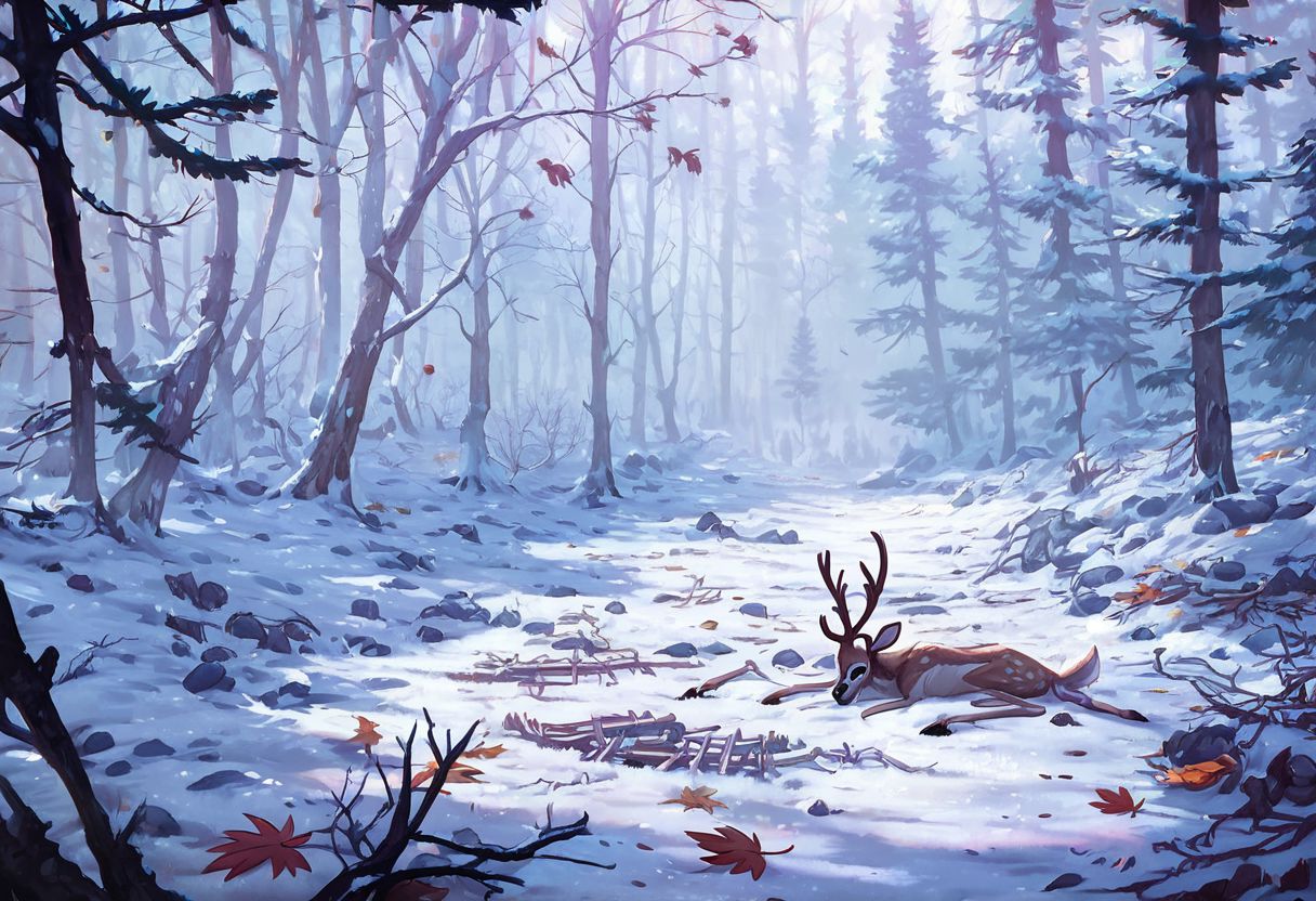 score_9,score_8_up,score_7_up, old forest, (SKELETON of a deer with large antlers in the foreground), dead dry leaves, forest floor, twigs, snow patch, realistic, ultra detail, FOCUS TREES