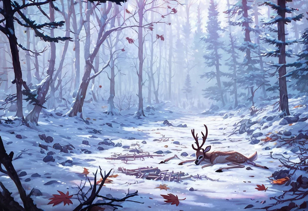 score_9,score_8_up,score_7_up, old forest, (SKELETON of a deer with large antlers in the foreground), dead dry leaves, forest floor, twigs, snow patch, realistic, ultra detail, FOCUS TREES