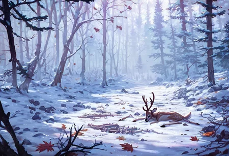 score_9,score_8_up,score_7_up, old forest, (SKELETON of a deer with large antlers in the foreground), dead dry leaves, forest floor, twigs, snow patch, realistic, ultra detail, FOCUS TREES