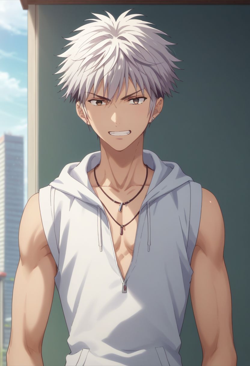 score_9, score_8_up, score_7_up, source_anime, highly detailed, 1boy, solo, male_focus, 
haru_sohma, 1boy, male focus, solo, white hair, jewelry, hoodie, sleeveless, upper body, angry, teeth, grin,