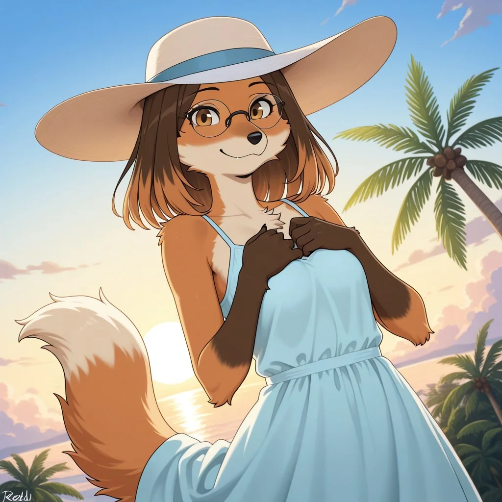 masterpiece, high quality, best quality, ((solo)), furry, anthro, volumetric lighting, rim lighting, no humans,
BREAK (Lydia(Zenia), wolf, maned wolf girl, maned wolf, redish brown fur, dark brown hair, two-toned hair, medium hair, brown eyes, black nose, long wolf tail, medium chest, smile, light blue sundress, sun hat, hands on chest, regular thin frame glasses, looking at viewer),
BREAK boulevard, palm trees, blue sky, clouds, dutch angle