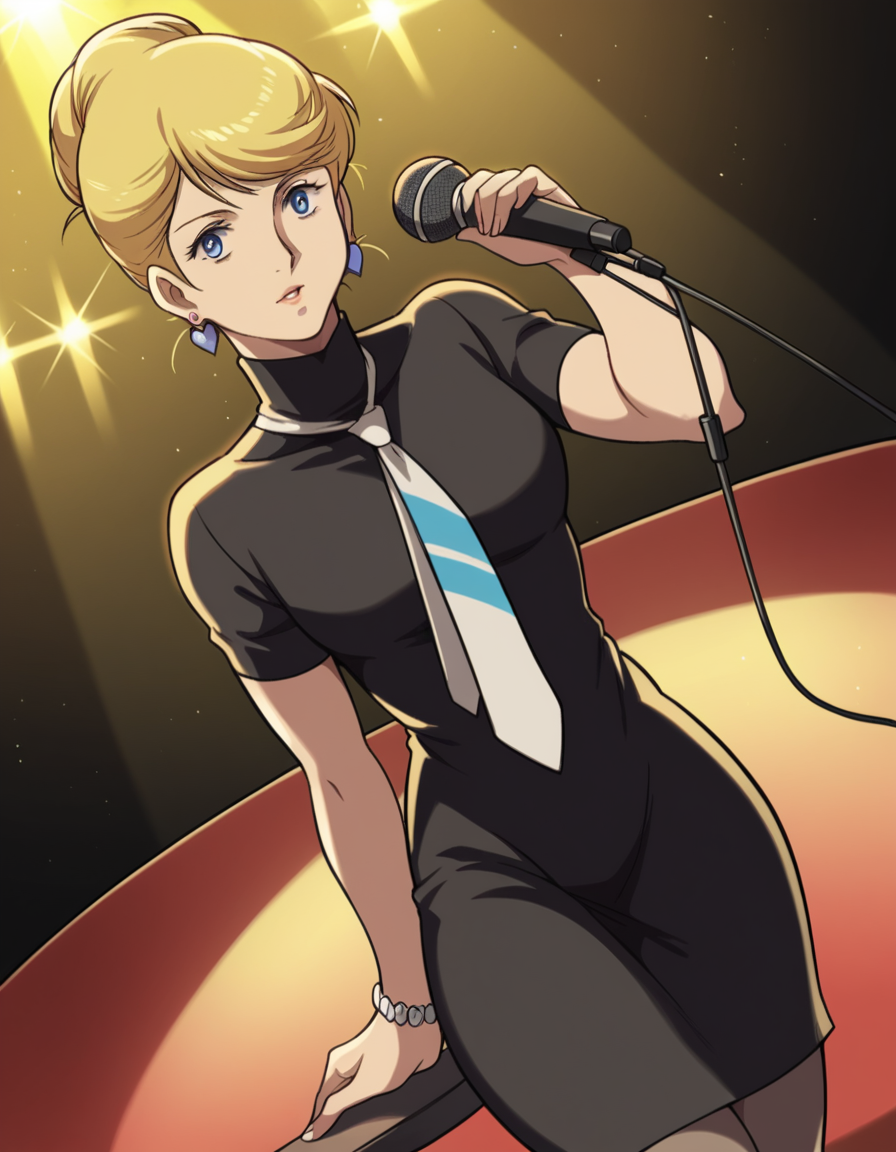 score_9, score_8_up, score_7_up, source_anime,
crowleyhamon, <lora:crowley-hamon-ova-ponyxl-lora-nochekaiser:0.7>,
crowley hamon, medium hair, blonde hair, blue eyes, hair over shoulder,
dress, jewelry, heart, pantyhose, earrings, necktie, hair bun, single hair bun, black dress, turtleneck, short sleeves,
stage, stage lights, microphone, microphone stand, singing, 
looking at viewer, cowboy shot, solo, dutch angle,