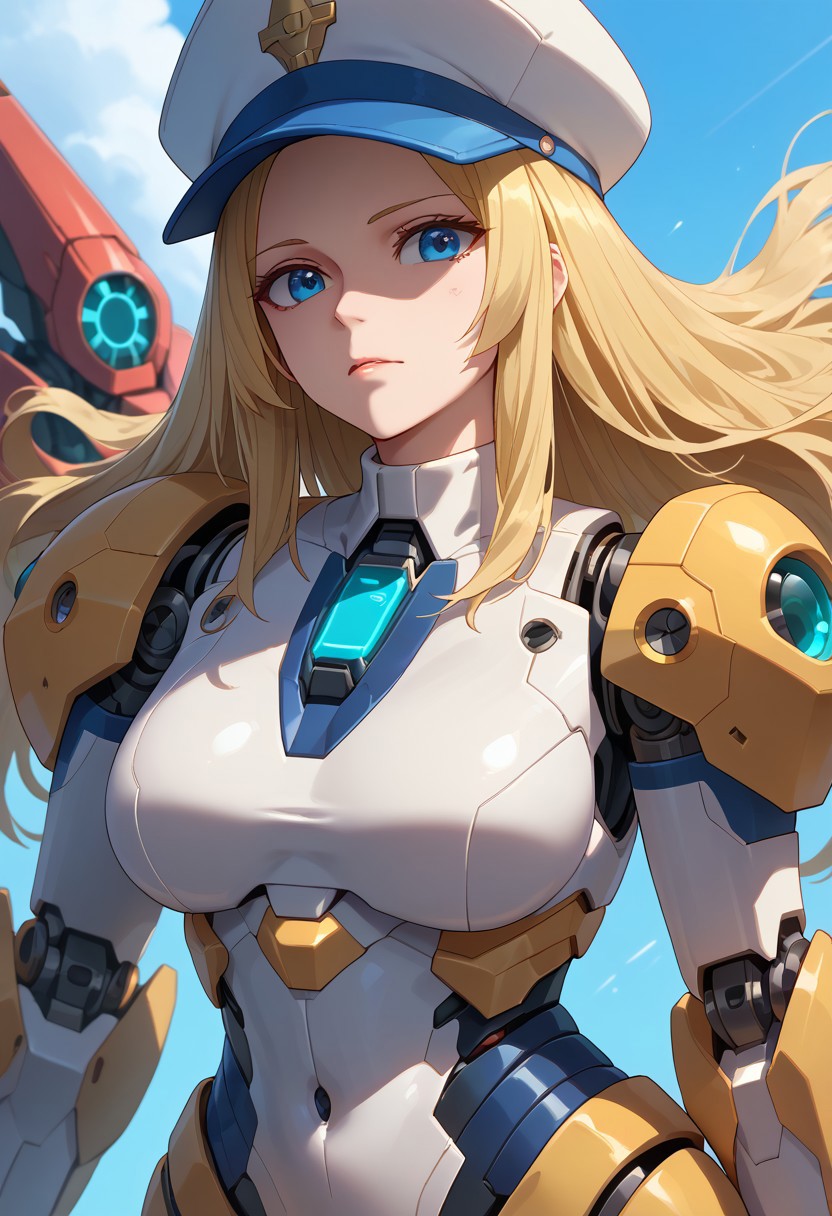 score_9, score_8_up, score_7_up, 1girl, original, blonde hair, blue eyes, hat, long hair, mecha, robot