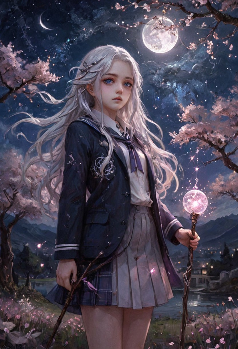 Mystical high-school girl with silver-white flowing hair and violet eyes, standing under a twilight sky filled with swirling constellations and glowing cherry blossoms; her school uniform softly glows with ethereal light, and she holds a celestial staff made of crystal and moonlight; the scene evokes serenity, mystery, and quiet strength — anime-style illustration with intricate details, soft lighting, and a dreamlike atmosphere.